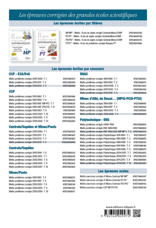 Mathématiques - Exercices corrigés posés à l’oral des concours de Centrale/Supélec et Mines/Ponts - MP/MP*