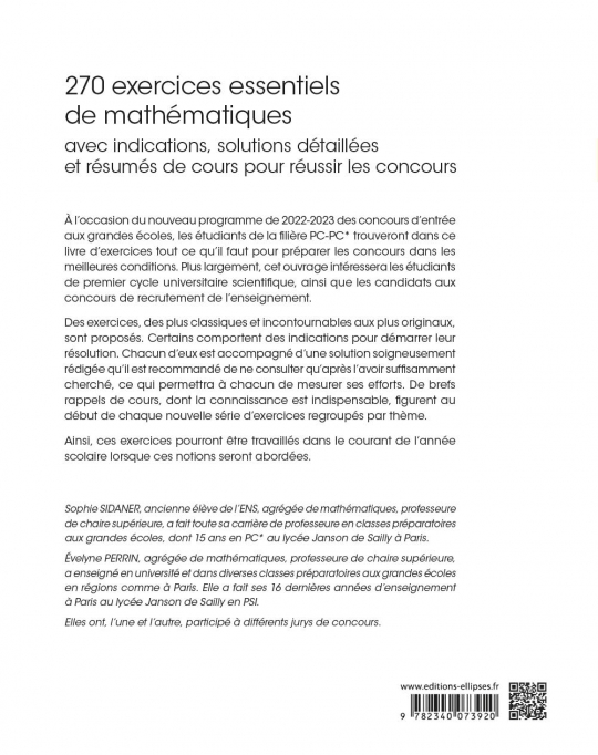 270 exercices essentiels de mathématiques avec indications et solutions détaillées et résumés de cours pour réussir les co